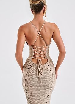 Women Y2K Hollow Out Crochet Knit Long Dress Sexy Backless Sleeveless Bodycon Dress Halter Neck T... | Amazon (US)