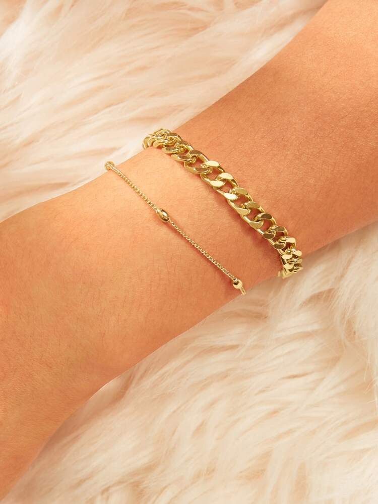 Bead Detail Chain Bracelet 2pcs | SHEIN