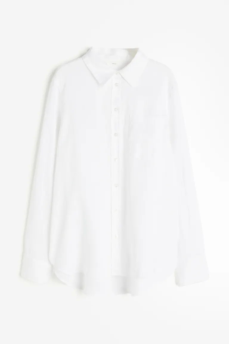 Linen Shirt - Long sleeve - Regular length - Beige/striped - Ladies | H&M US | H&M (US + CA)