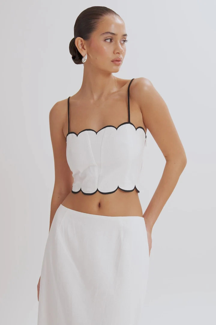 Scalloped Linen Top - Ivory | MESHKI US
