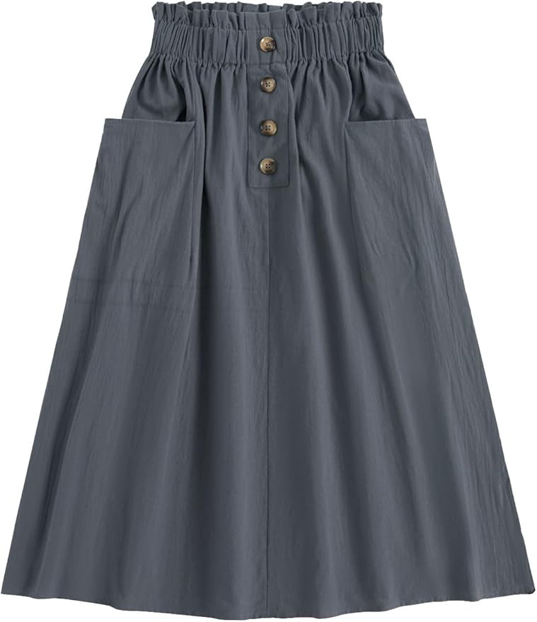 SweatyRocks Women's Casual Paper Bag Waist A Line Pleated Midi Skirt with Pockets | Amazon (US)