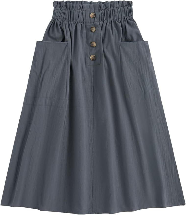 SweatyRocks Women's Casual Paper Bag Waist A Line Pleated Midi Skirt with Pockets | Amazon (US)