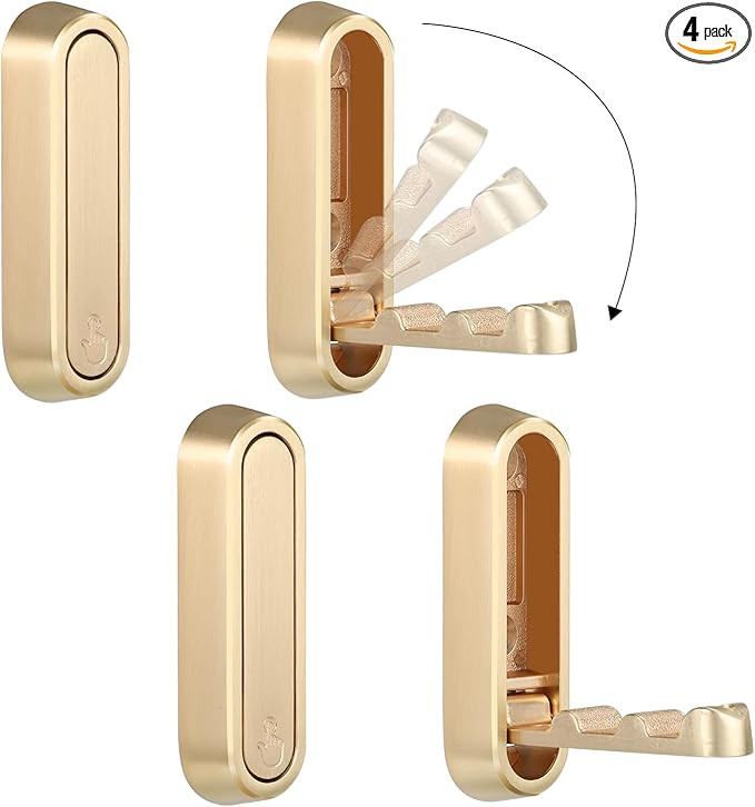 Folding Wall Hooks, 4 Pcs Foldable Gold Coat Hooks Heavy Duty Foldable Hook Bathroom Towel Hooks ... | Amazon (US)