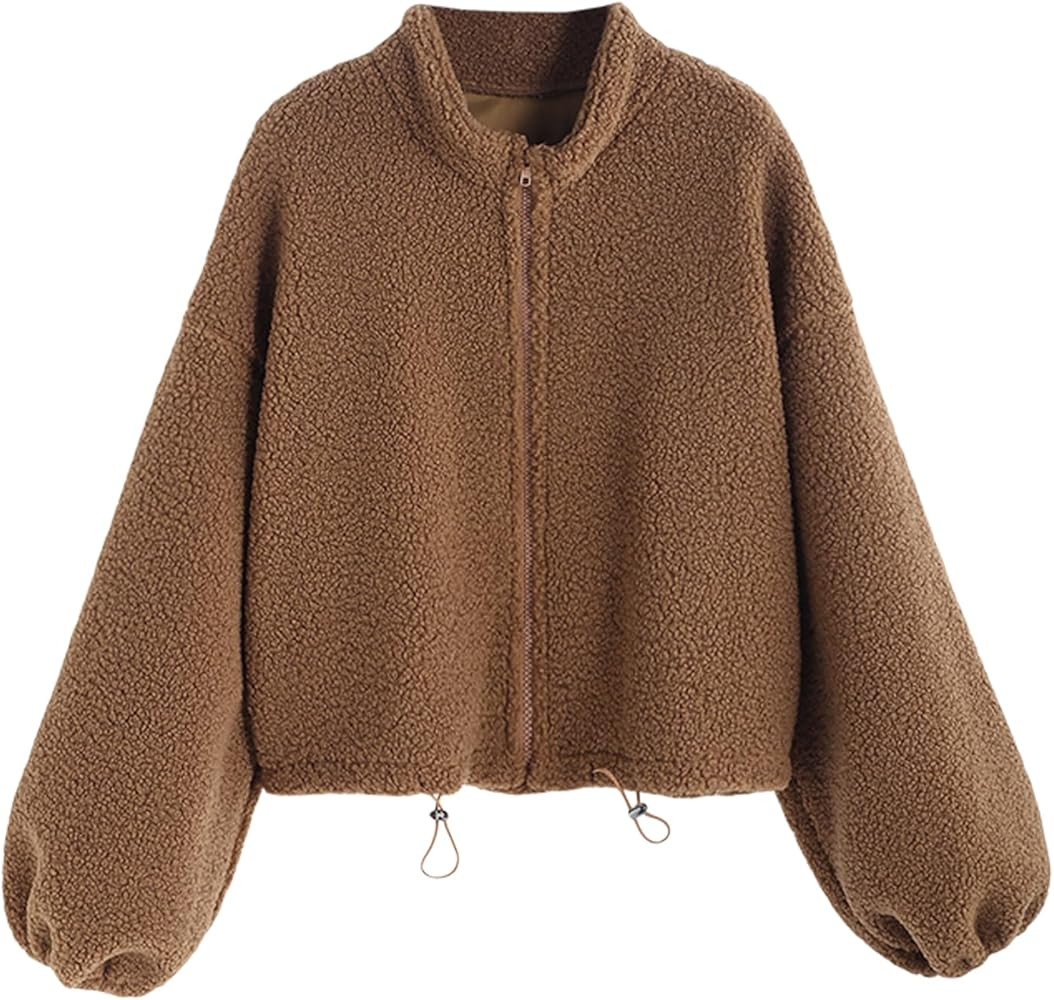 ZAFUL Women's Fashion Long Sleeve Lapel Half Zip Plain Faux Fur Sweatshirt Solid Color Crop Pullo... | Amazon (US)