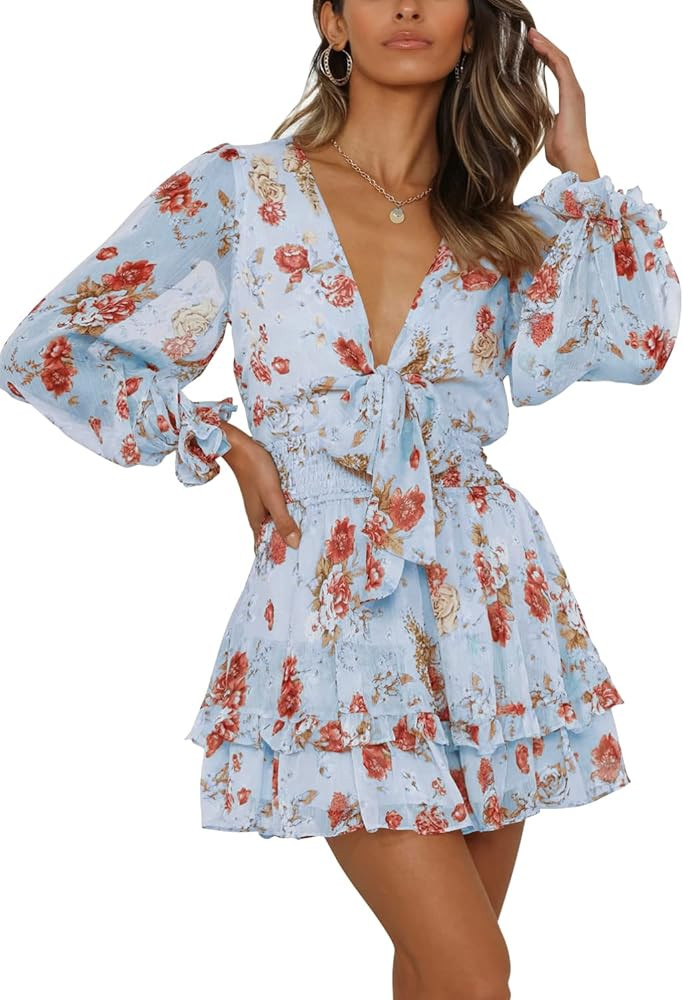 SySea Women's Sexy V Neck Tie Front Leopard Ruffle Long Sleeve Flowy Summer Mini Dress | Amazon (US)