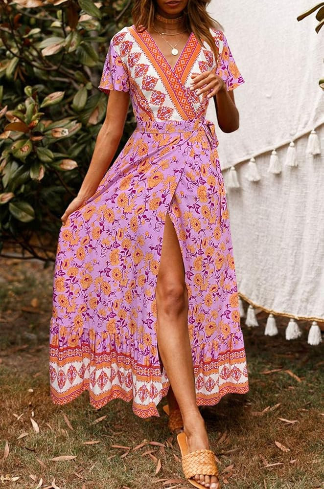 ZESICA Women's Bohemian Floral Printed Wrap V Neck Short Sleeve Split Beach Party Maxi Dress | Amazon (US)