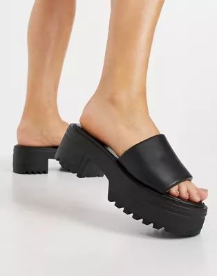 ASOS DESIGN Tile chunky padded mid heeled sandals in black | ASOS (Global)