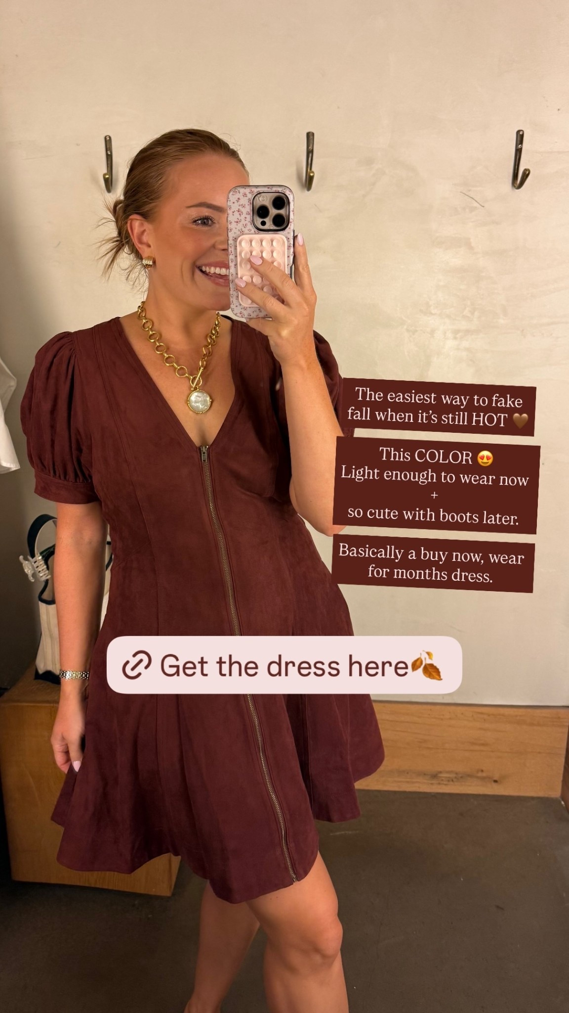 The easiest way to fake fall when it’s still HOT 🤎

This COLOR 😍
Light enough to wear now +
so cute with boots later.

Basically a buy now, wear for months dress.