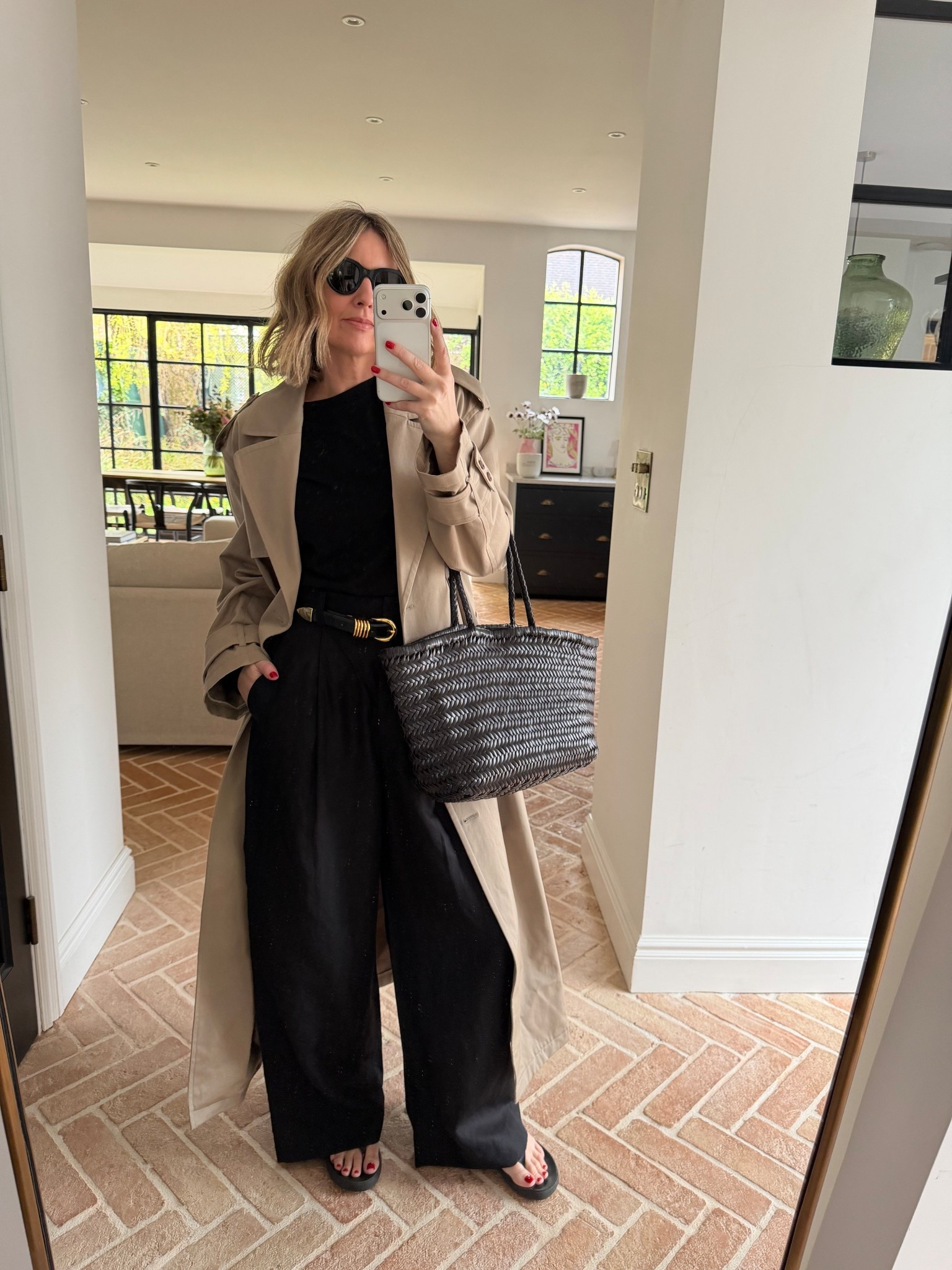 Trench coat + trousers + flip flops 

#LTKuk #LTKspring #LTKeurope