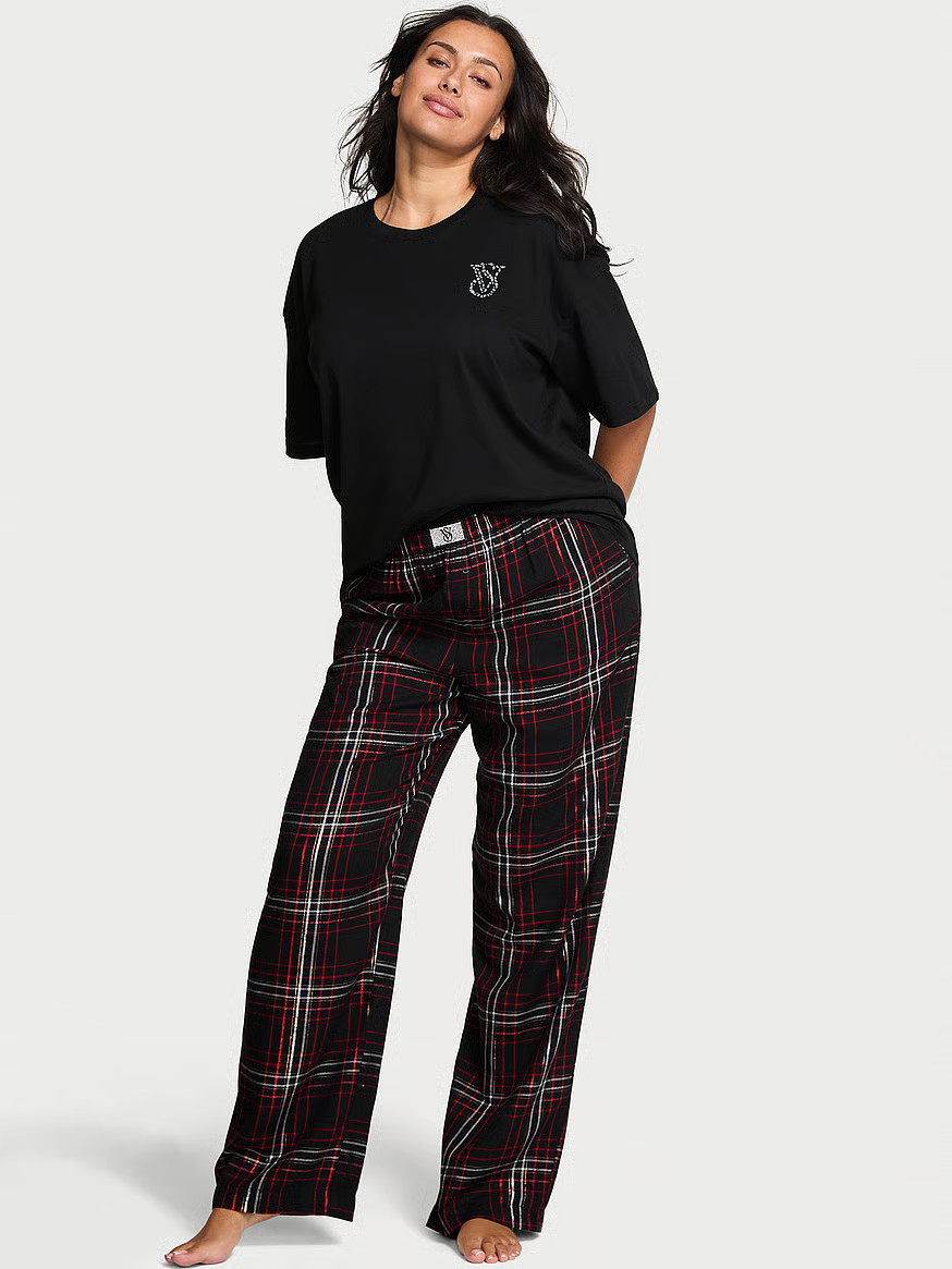 Buy Flannel Short-Sleeve Long Tee-Jama Set, Black - Order Pajamas Sets online - Victoria's Secret... | Victoria's Secret (US / CA )