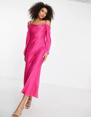 Never Fully Dressed cold shoulder fluted midaxi dress in textured pink | ASOS (Global)