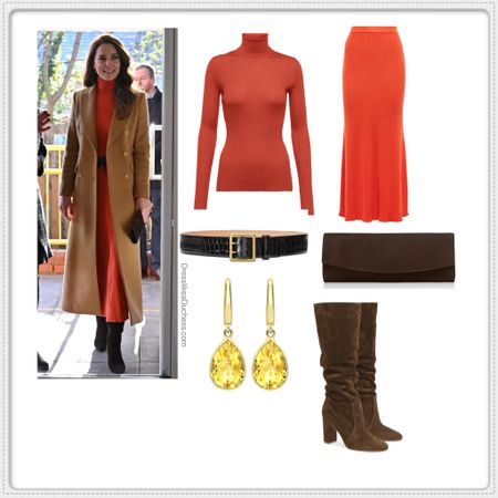 Kate Middleton January 2023 in Gabriela Hearst turtleneck ‘peppe’ sweater and Hearst epper sweater skirt plus Massimo dutti coat and Rossi boots 