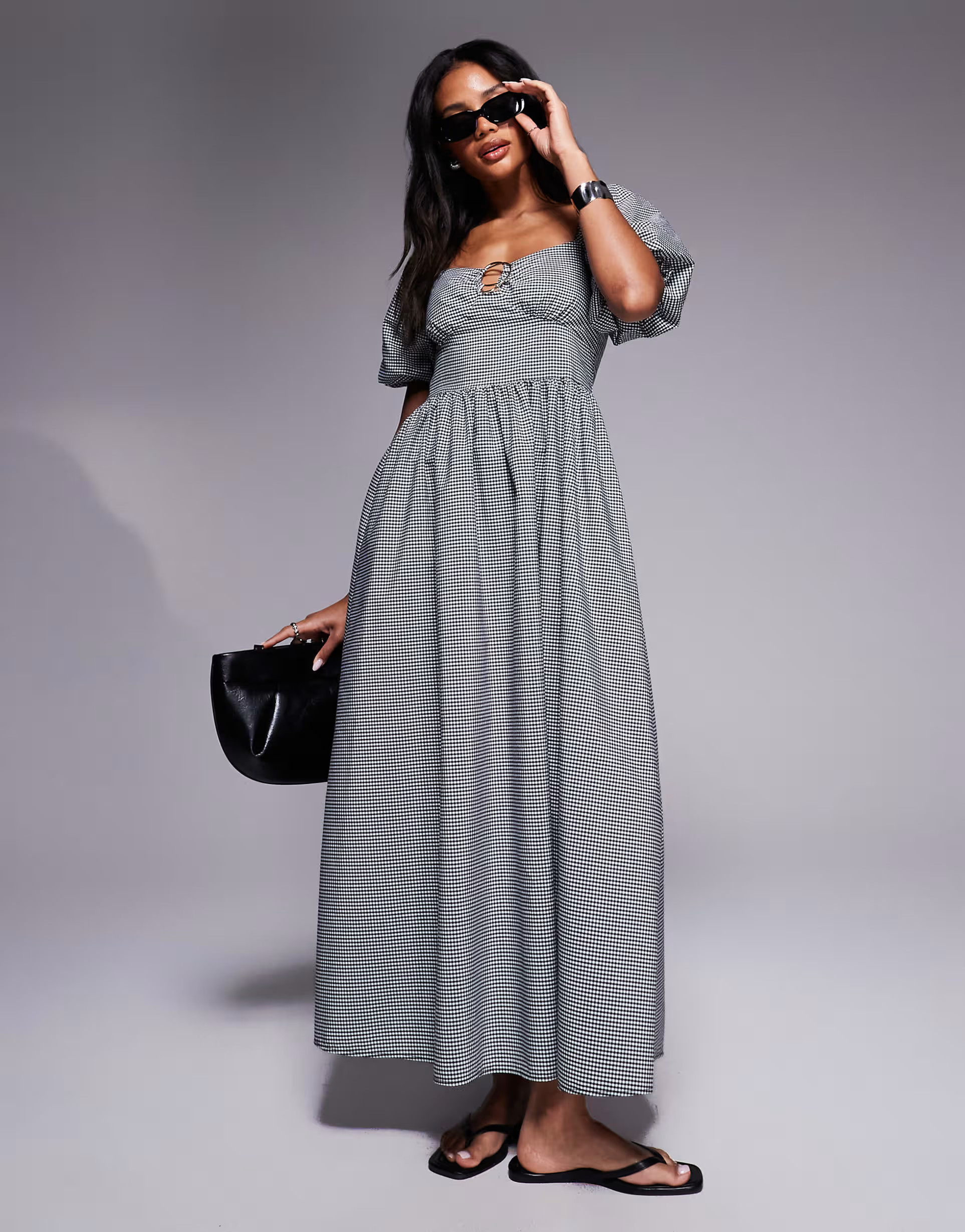 River Island puff sleeve gingham trim detail midi dress in black  | ASOS | ASOS (Global)