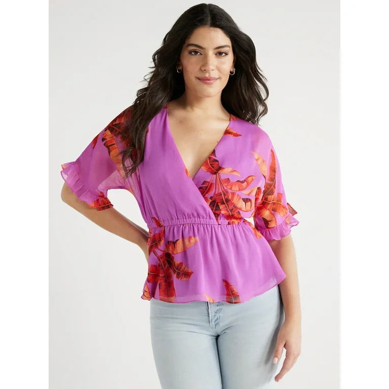 Sofia Jeans Women's Faux Wrap Peplum Top with Short Sleeves, Sizes XS-XXXL | Walmart (US)