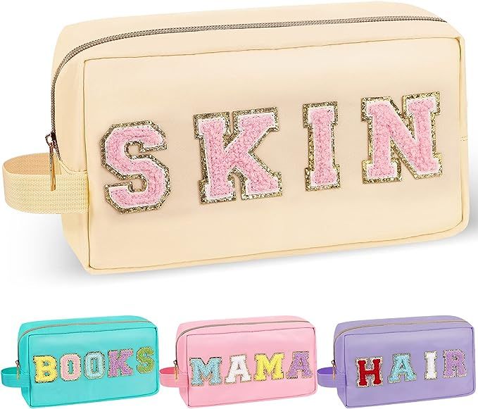 Amazon.com: Chenille Letter Makeup Bag Skin Pouch, Nylon Preppy Patch Makeup Bag Small Travel Mak... | Amazon (US)
