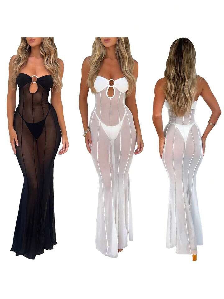 Vestido largo de malla y corte bajo sin tirantes, de unicolor y ajuste ceñido para mujer | SHEIN