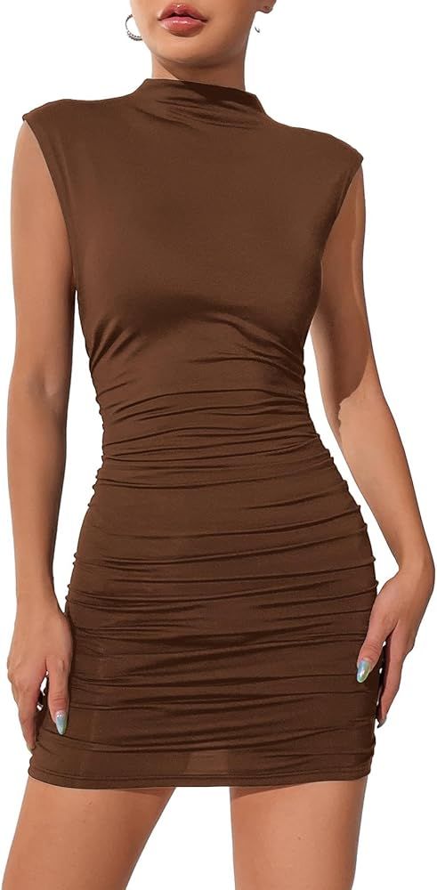 SOLY HUX Women's Mock Neck Mini Dress Cap Sleeve Ruched Sexy Bodycon Dresses | Amazon (US)