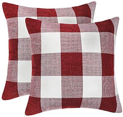 4TH Emotion Set of 2 Farmhouse Buffalo Check Plaid Throw Pillow Covers Cushion Case Polyester Linen  | Amazon (US)