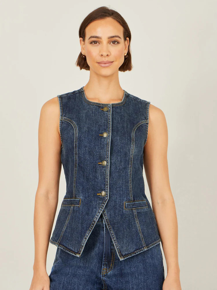 Yumi Blue Stretch Long Denim Waistcoat | Next EU