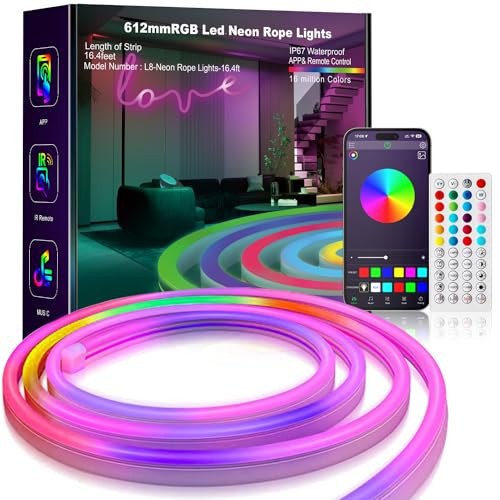 L8star 16.4ft RGB LED Neon Rope Light with Remote Control, Smart Color Changing DIY Mode Neon Flex Strip Lights for Bedroom Indoors Outdoors Decor | Amazon (US)