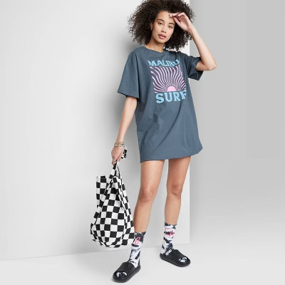 Women's Ascot + Hart Malibu Surf Short Sleeve Graphic Boyfriend T-Shirt Dress - Gray | Target