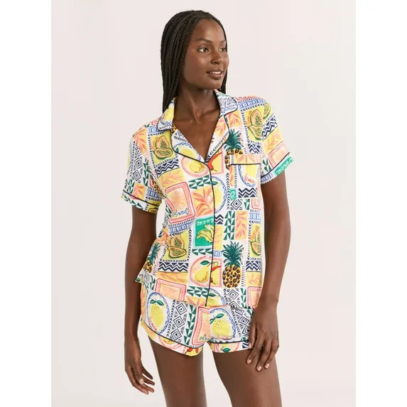 Joyspun Women’s Notch Collar Top and Shorts Pajama Set with Piping, 2-Piece, Sizes XS-3X | Walmart (US)