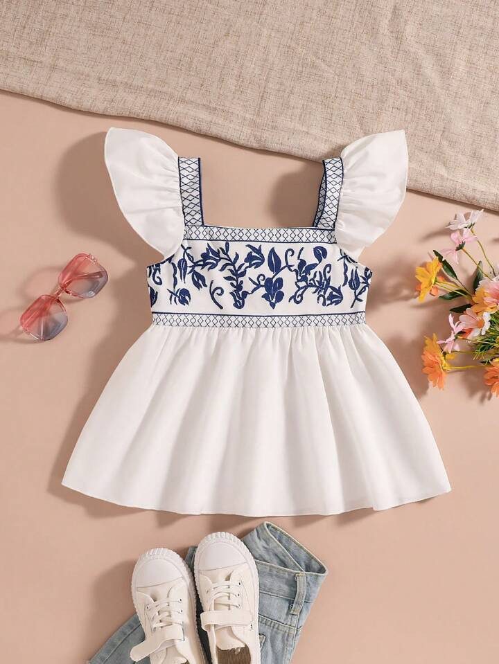 Tween Girls Floral Print Square Collar Ruffle Hem Blouse, Summer | SHEIN