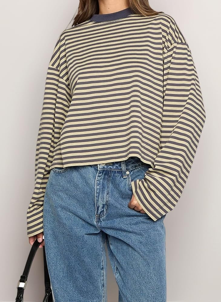 Women Striped Long Sleeve Top Crew Neck Color Block Tee Shirts Loose Basic T Shirt Fall Fashion 2... | Amazon (UK)
