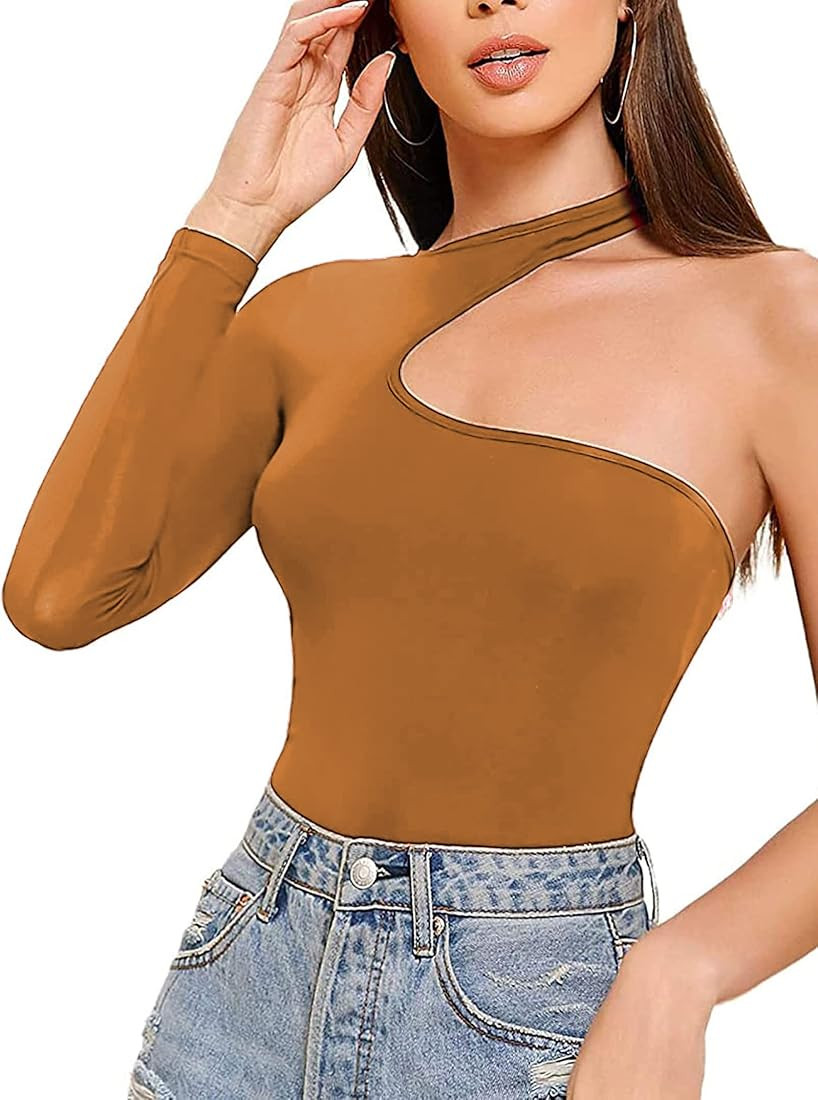Remidoo Women's Long Sleeve One Shoulder T Shirt Slim Fit Cut Out Tops | Amazon (US)