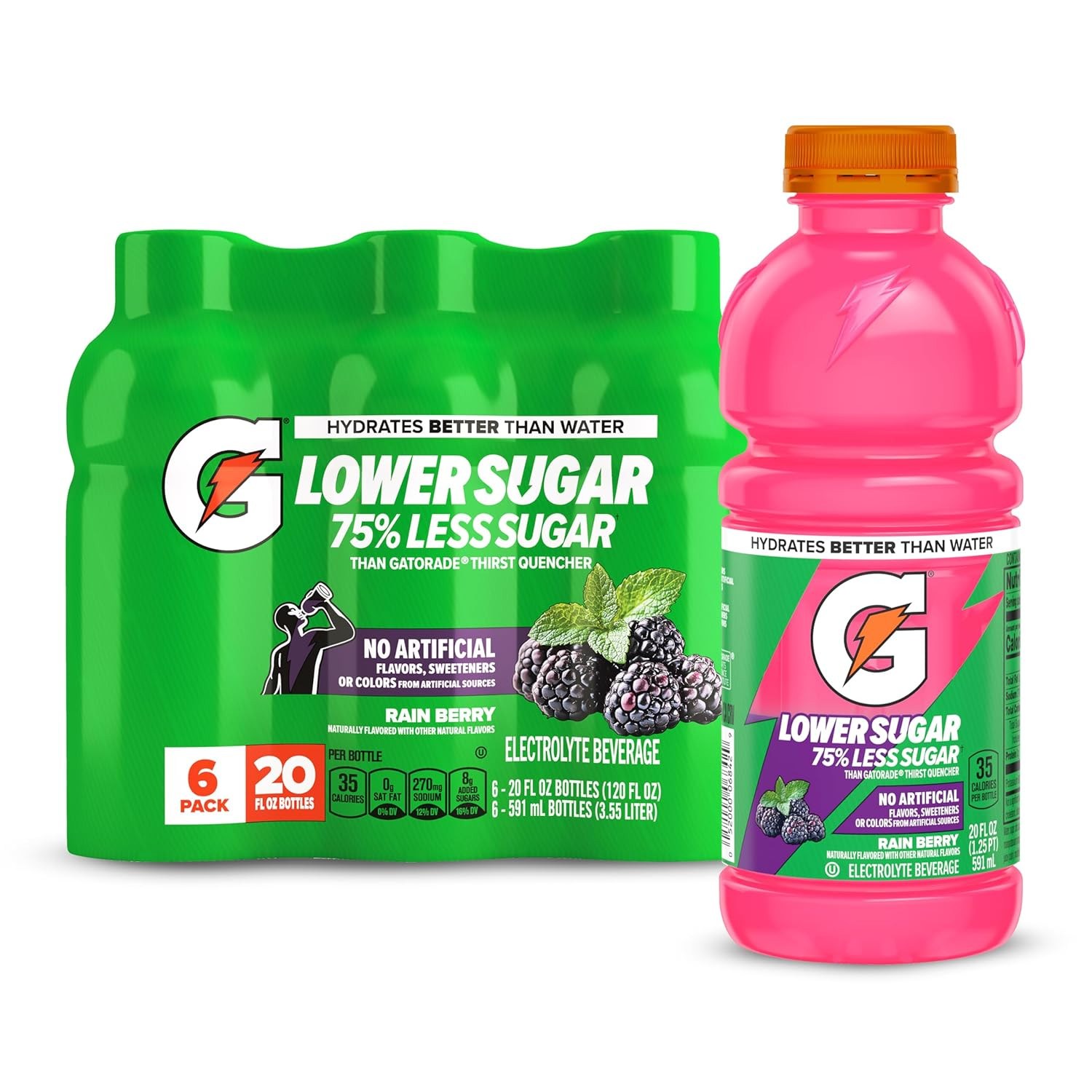 Gatorade Lower Sugar Sports Drink, Rain Berry, 20 fl oz Bottles, (6 Pack) | Amazon (US)