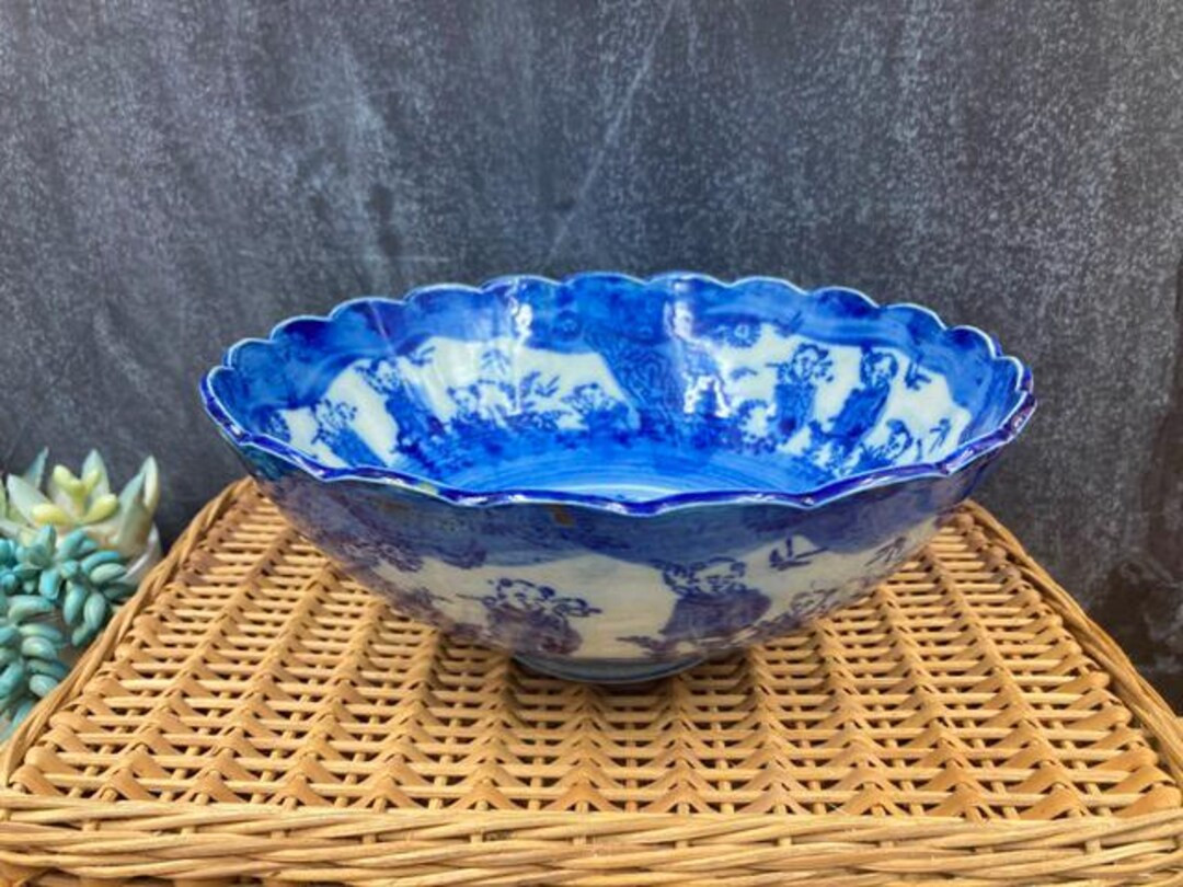 Vintage Flow Blue Bowl Chinese Seto Pattern Blue and White Decorative Boys at Play Phoenix Motif ... | Etsy (US)