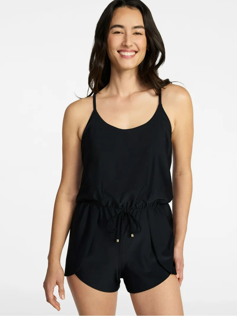 Time and Tru Women's Tank Romper One Piece Swimsuit, Sizes XS-XXXL | Walmart (US)