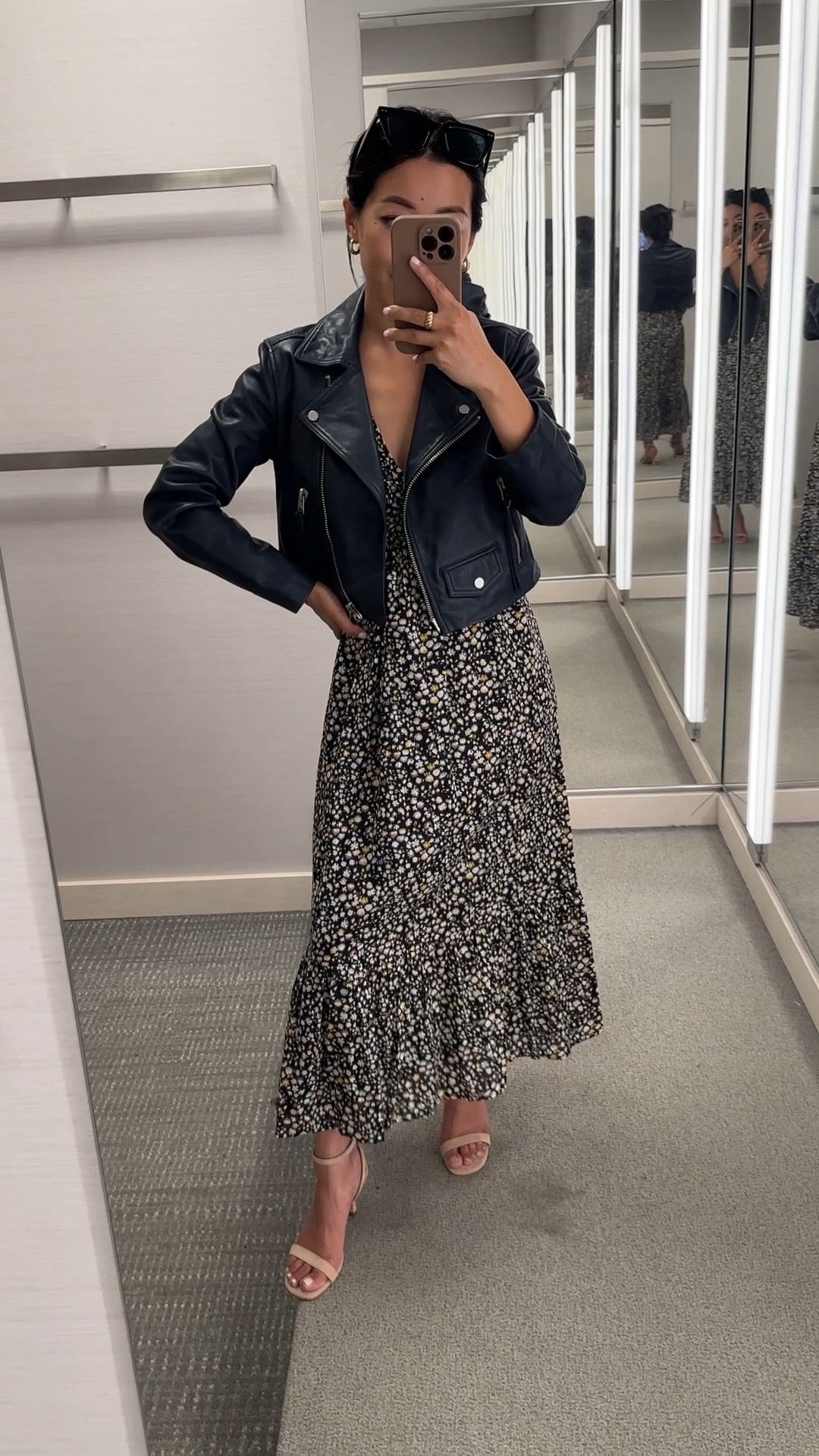 Nsale still in stock: 
• trying the midnight blue which is almost black. gorgeous cropped Allsaints leather jacket ($170 off). high quality buttery leather and petite friendly. Runs a little small. I’m trying on a size 2 and a size 0 would be perfect (I typically wear 00 in other brands). 

The Crop style on this flatters the waistline a little more than my full length Dalby jacket (linked as well - I have size 00)

Midnight blue is very deep navy, almost black.

Also trying on Rails dress size Xs, and a size down would be ideal. good quality cotton with a full lining, smocked torso and is bump friendly. 

#LTKFind #LTKstyletip #LTKxNSale
