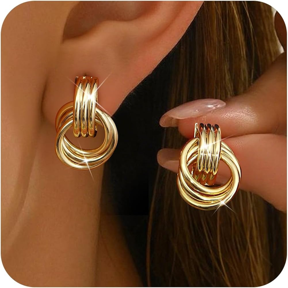 ORAZIO Chunky Gold Plated Knot Earrings for Womens Trendy 925 Silver Statement Lightweight Dangle... | Amazon (US)