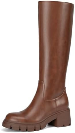 Platform Knee High Boots Tall Fall Boots Round Toe Chunky Lug Sole | Soft PU/Suede Leather, Side ... | Amazon (US)