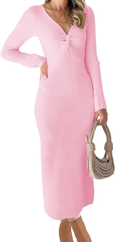 Womens Ribbed Knit Maxi Dresses Long Sleeve V Neck Casual Sweater Dress Bodycon Midi Dress | Amazon (US)