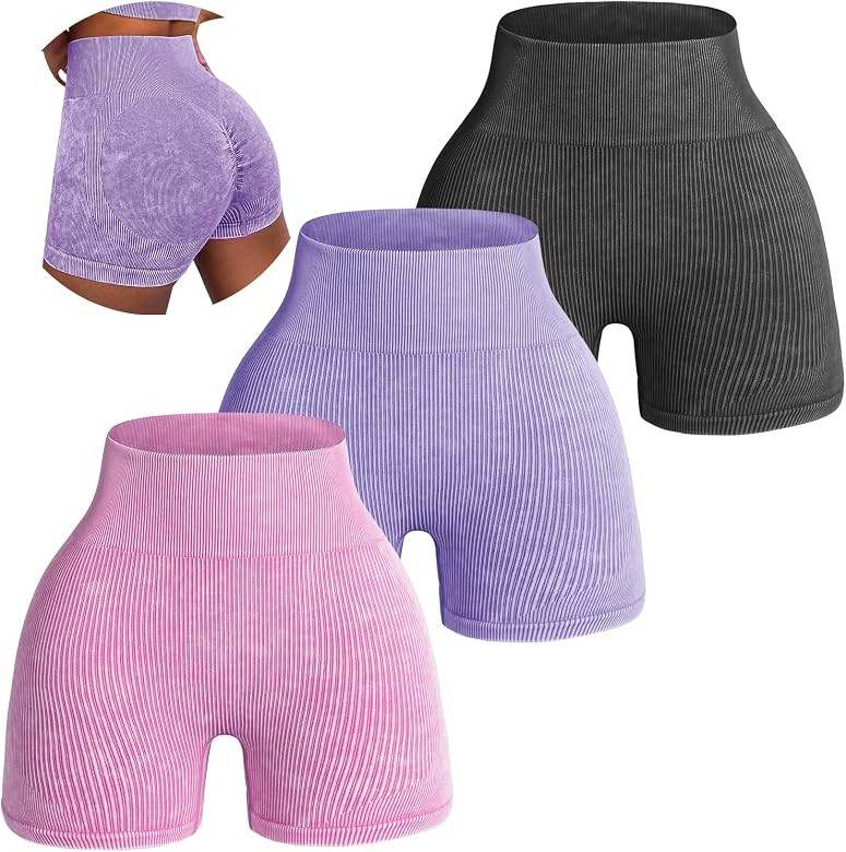 KIKIMINK Women's 3 Piece Ribbed Yoga Shorts Seamless High Waist Butt Lifting Ruched Workout Gym S... | Amazon (US)