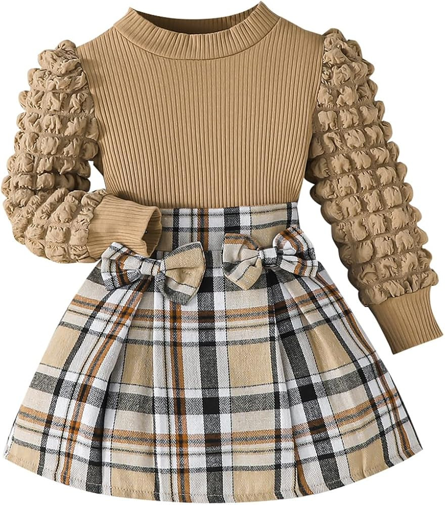 Noubeau Toddler Girls Plaid Outfits Girls Puff Sleeve Knit Ribbed Shirt Tops Plaid Skirt Set Kids... | Amazon (US)