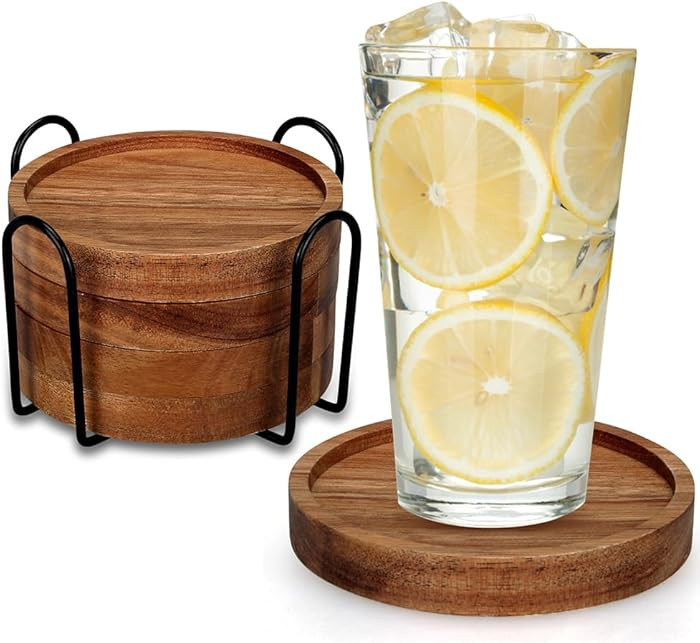 4 Pcs Farmhouse Wooden Coasters with Holder Cute Wood Drink Coaster Set Outdoor Beer Costers Home... | Amazon (US)