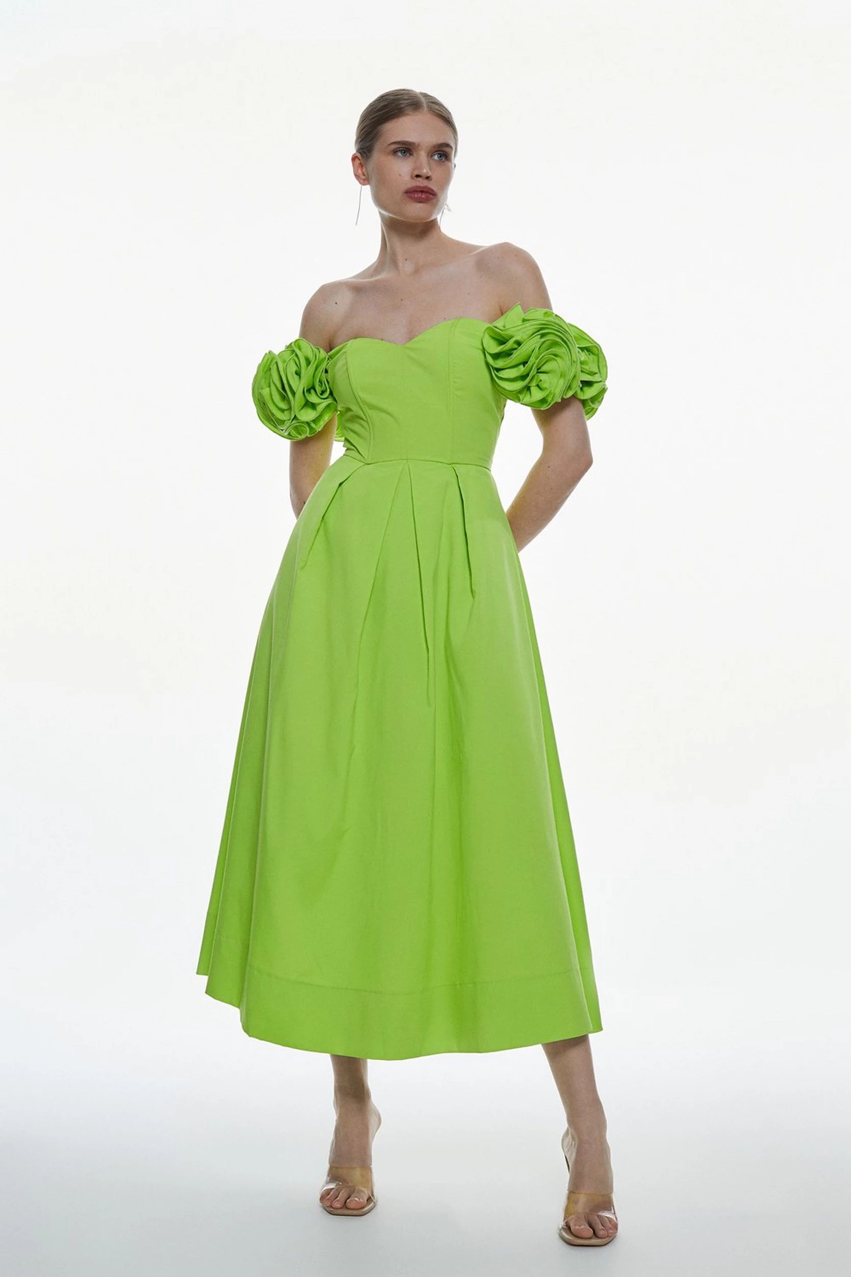 Taffeta Rosette Corseted Woven Midi Dress | Karen Millen US