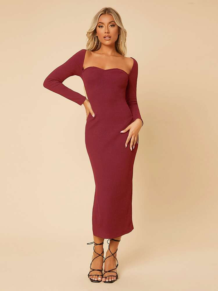 SHEIN PETITE Split Hem Sweetheart Neckline Bodycon Dress | SHEIN