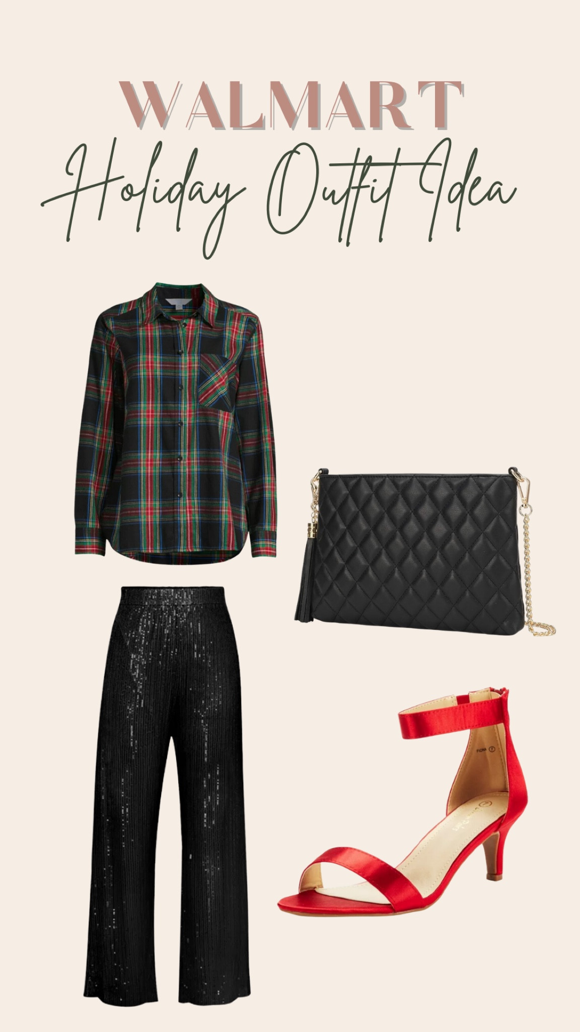 Walmart holiday outfit, plaid, top, blouse, crossbody purse, sequin pants, heels, holiday style, Christmas fashion 

#LTKHoliday #LTKstyletip #LTKSeasonal