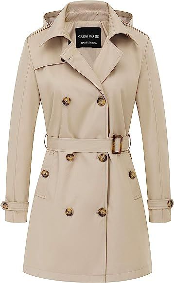 Amazon.com: CREATMO US Women's Trench Coat with Hood Military Coat Overcoats Long Trench Jacket w... | Amazon (US)