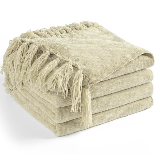 LONG CREATE Chenille Throw Blanket for Couch 50"X 60", Soft Cozy Throws with Fringe Tassel for Bed Sofa Chair Cover, Lightweight Knitted Decorative Boho Blankets for Living Room, Light Beige | Amazon (US)