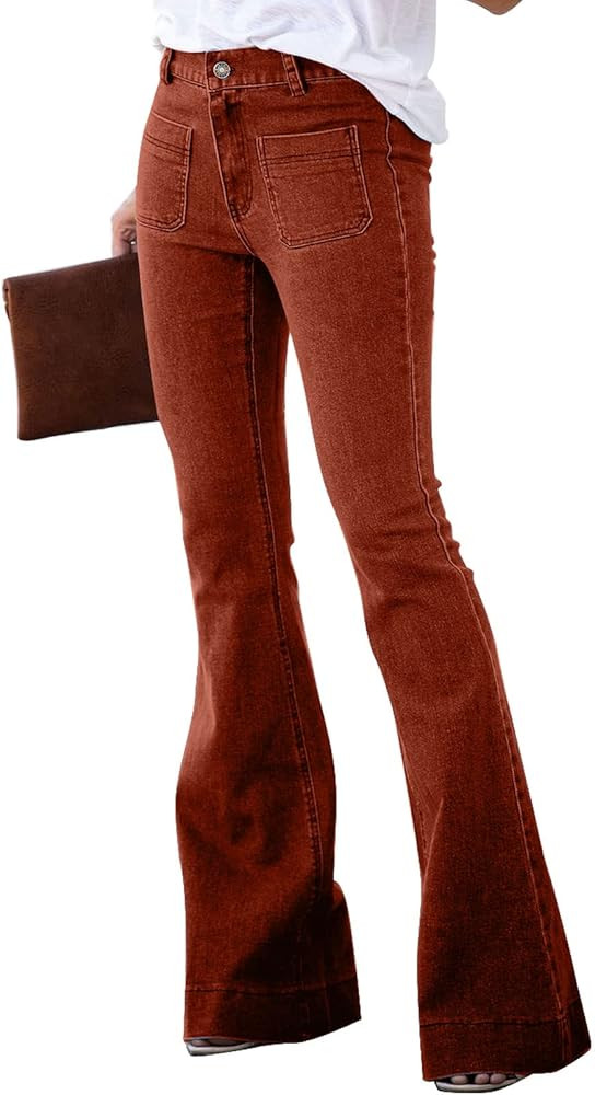 Sidefeel Women Destroyed Flare Jeans Elastic Waist Bell Bottom Raw Hem Denim Pants | Amazon (US)