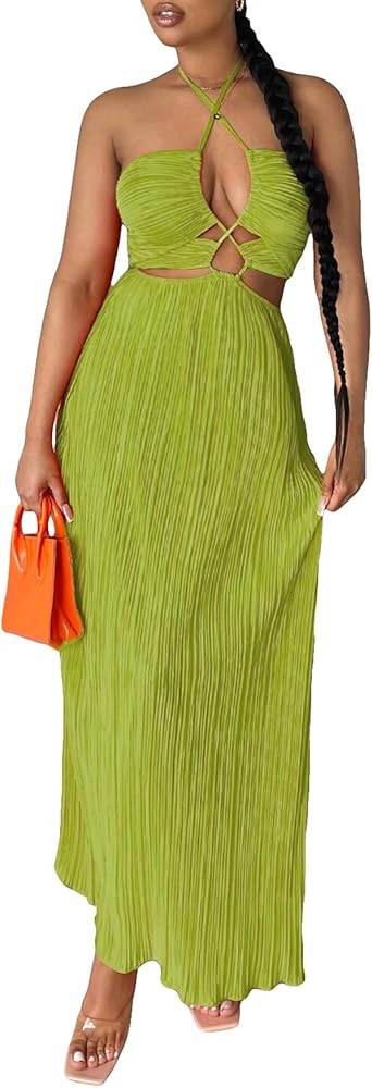 COZYEASE Women's Crisscross Tie Backless Halter Dress Sleeveless High Waist Long Length Summer Dr... | Amazon (US)