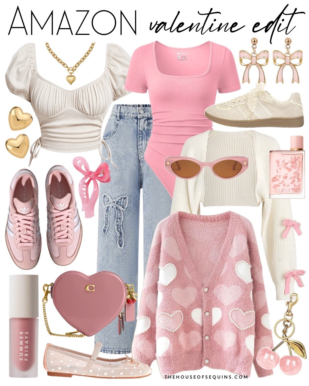 Shop Amazon Valentines outfit and casual date night outfits! bodysuit, heart cardigan, front tie bow cardigan, coach bag, pink bag, heart bag, adidas samba, adidas sneakers, lace sneakers, gold heart earrings, bow earrings, cherry bag charm, beauty favorites and more! 

Follow my LTK @thehouseofsequins on the @shop.LTK app to view this post and get my exclusive app-only content!

#liketkit #LTKValentine #LTKgrwm #LTKootd
@shop.ltk
https://liketk.it/5QDq8