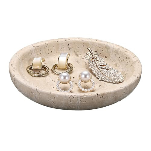 GUSHBIN Travertine Jewelry Tray Round Trinket Dish Vintage Decorative Tray Entry Table Nightstand Bowl for Display Rings Earrings Necklace Key Organizer Home Decor | Amazon (US)