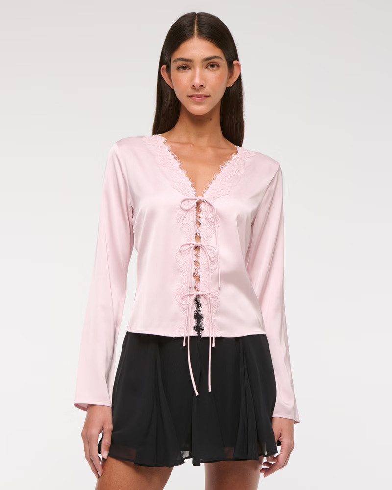 Women's Long-Sleeve Lace-Trim Tie-Front Top | Women's New Arrivals | Abercrombie.com | Abercrombie & Fitch (US)