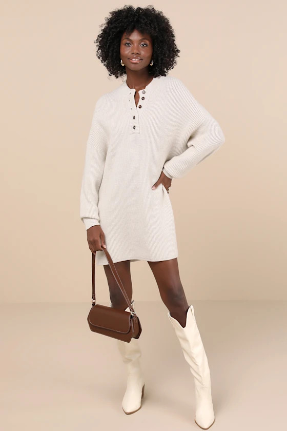 Coveted Coziness Ivory Long Sleeve Henley Sweater Mini Dress | Lulus